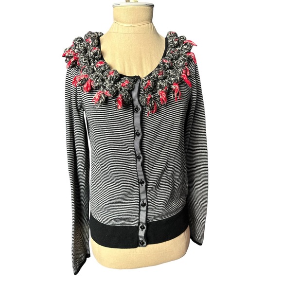 Karen Nikol Anthropologie Funky Fun Black White Striped CardiganPom Poms Size S - Picture 1 of 4